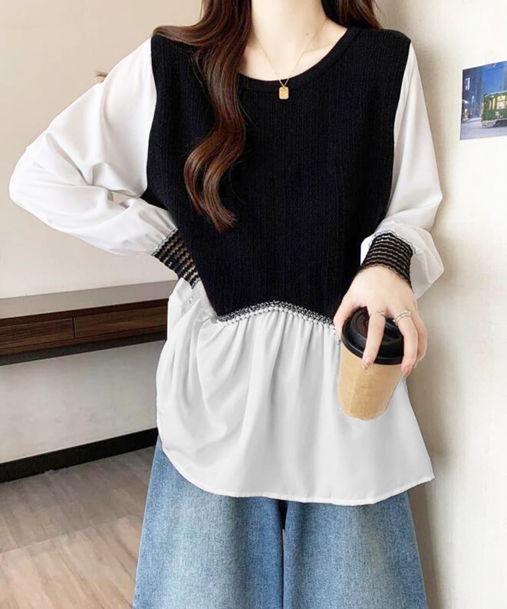 大人かわいい服 ニット切替え袖編み込みシャツブラウス長袖トップス