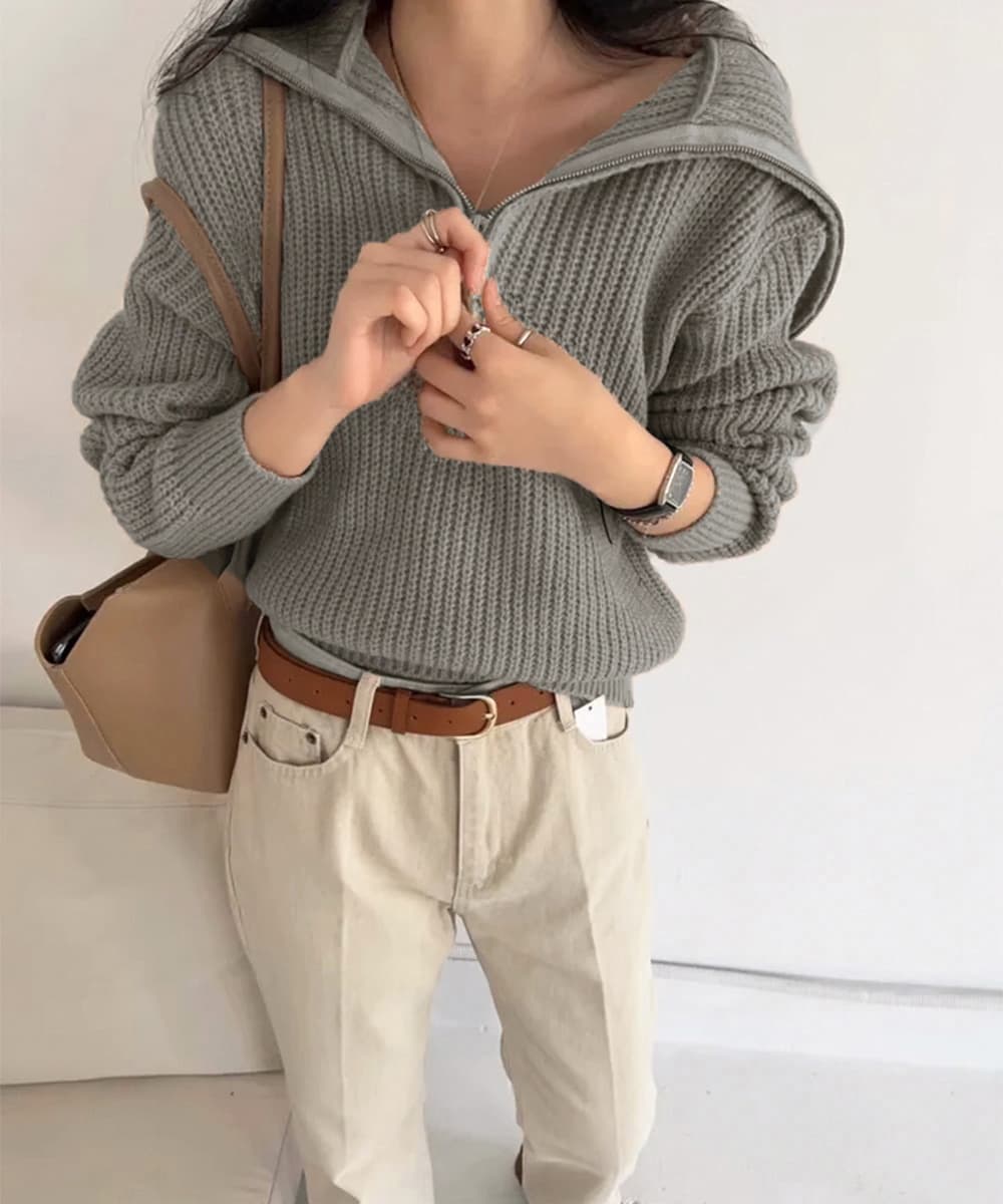 大人かわいい服 小顔見せビッグカラー ハーフジップニットトップス