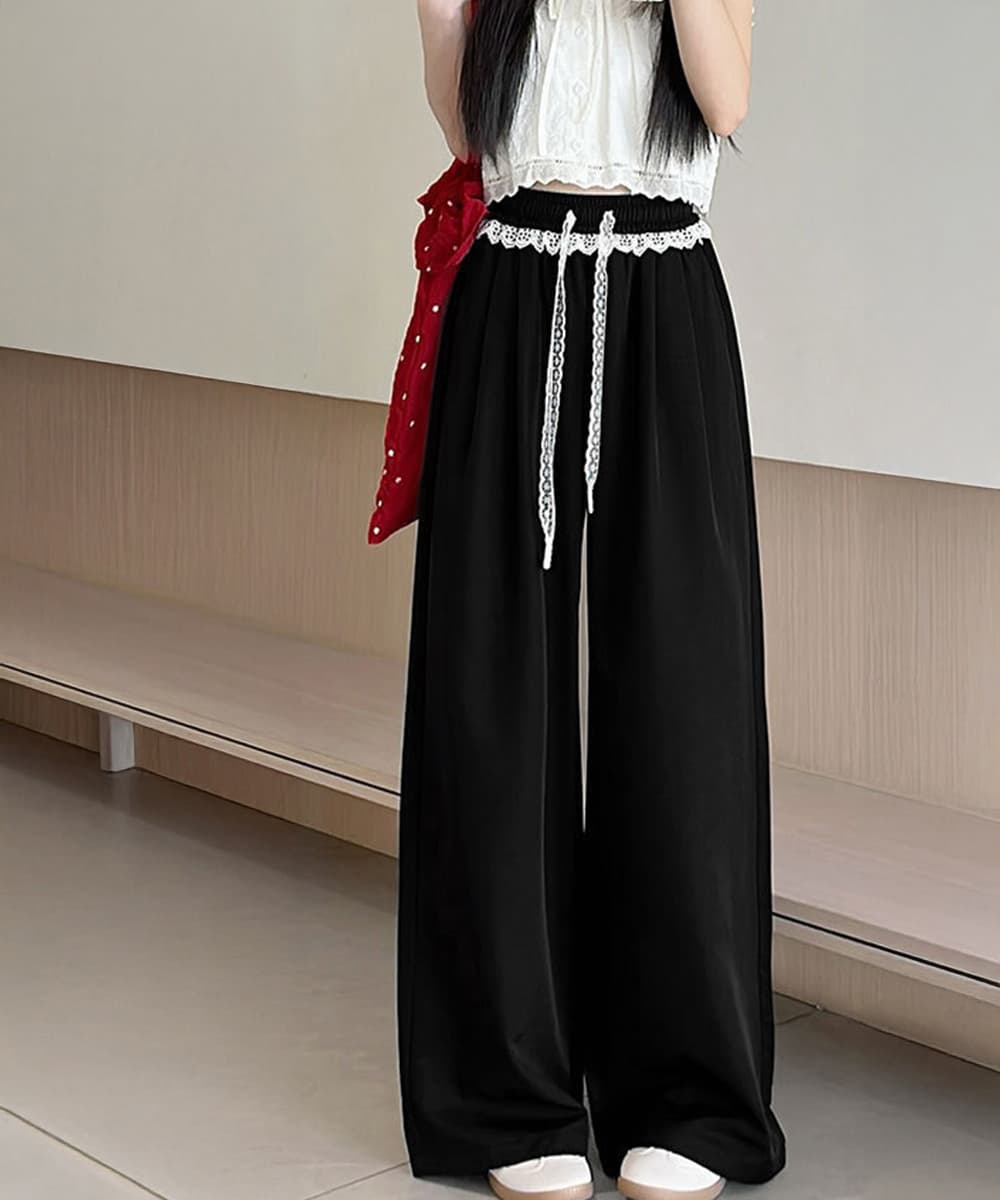 大人かわいい服 レース飾り 夏用ワイドパンツ 涼しげイージー