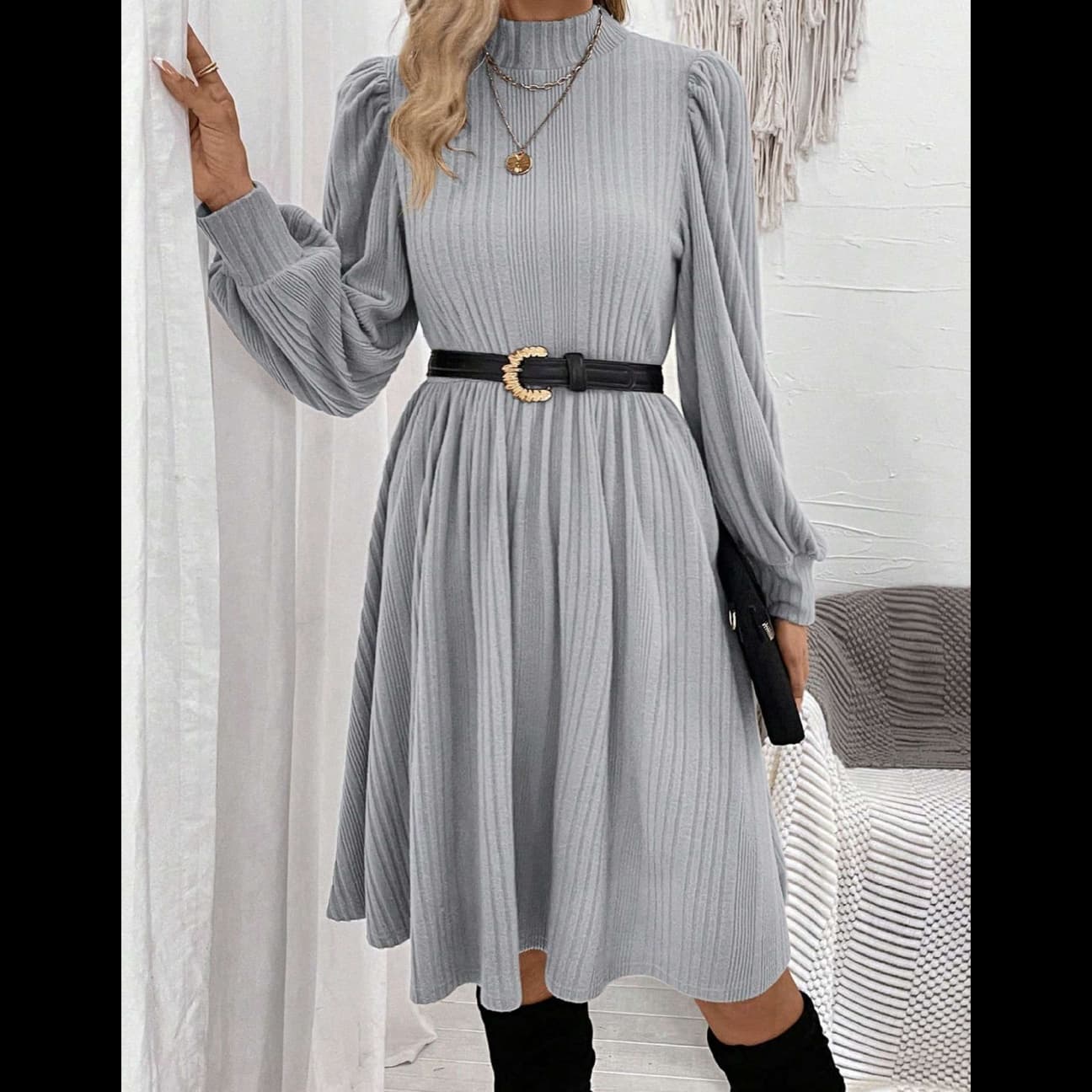 大人かわいい服 ふんわり上品リブニットワンピ