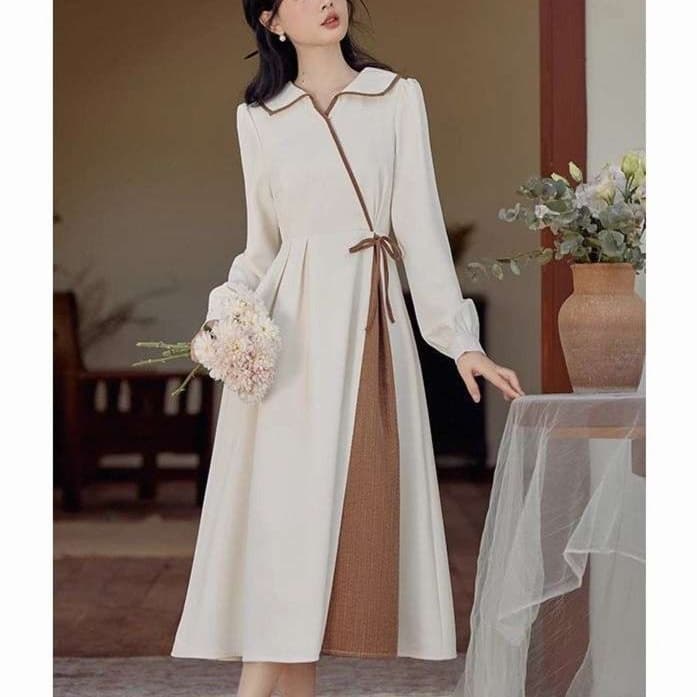 大人かわいい服 バイカラーデザイン袖付きラップドレス