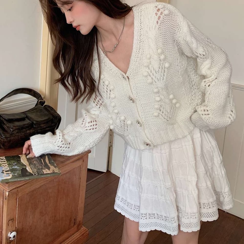 大人かわいい服 ふわもこケーブルカーディガン