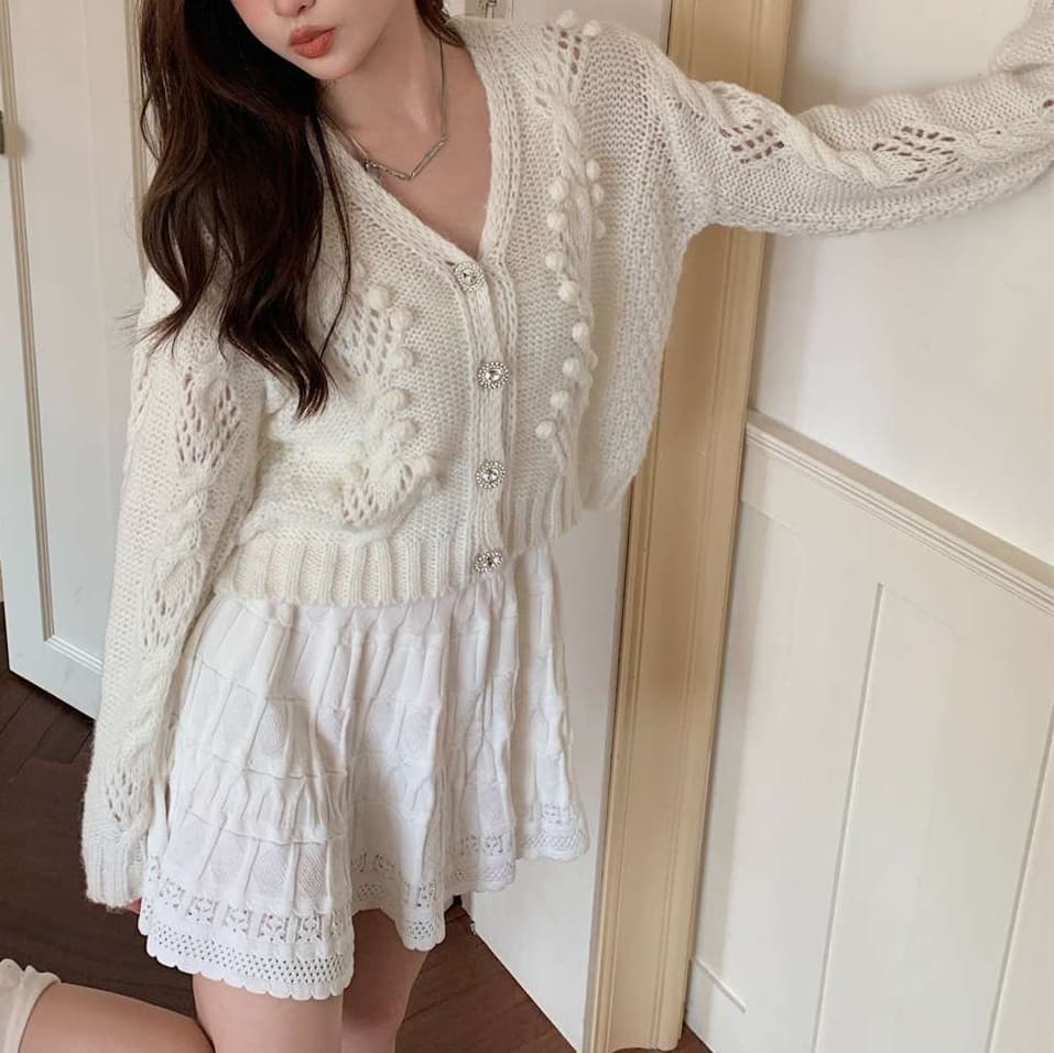 大人かわいい服 ふわもこケーブルカーディガン