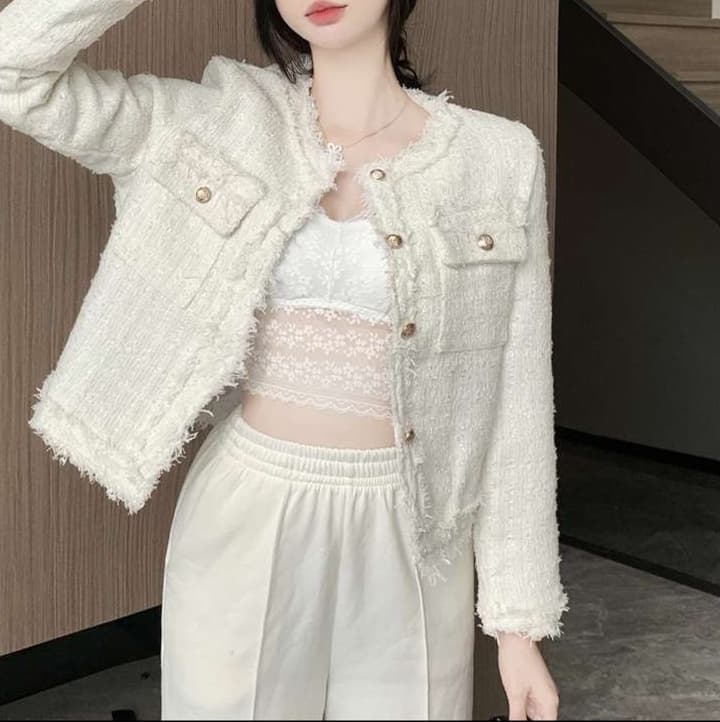 大人かわいい服 ツイード×フリンジ ショートジャケット