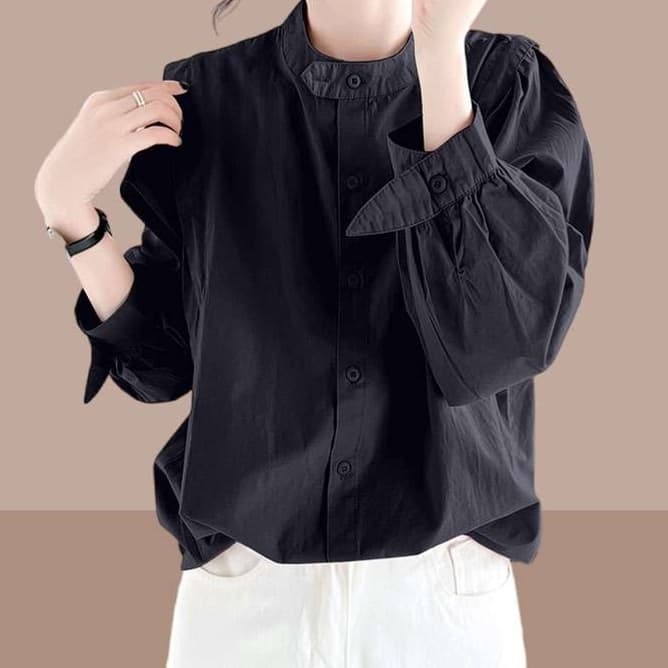 大人かわいい服 スタンドカラーパフスリーブトップス