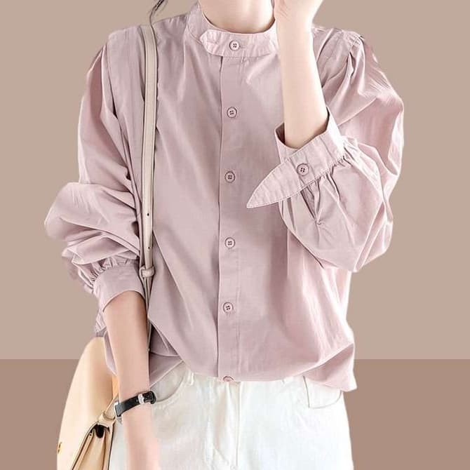 大人かわいい服 スタンドカラーパフスリーブトップス