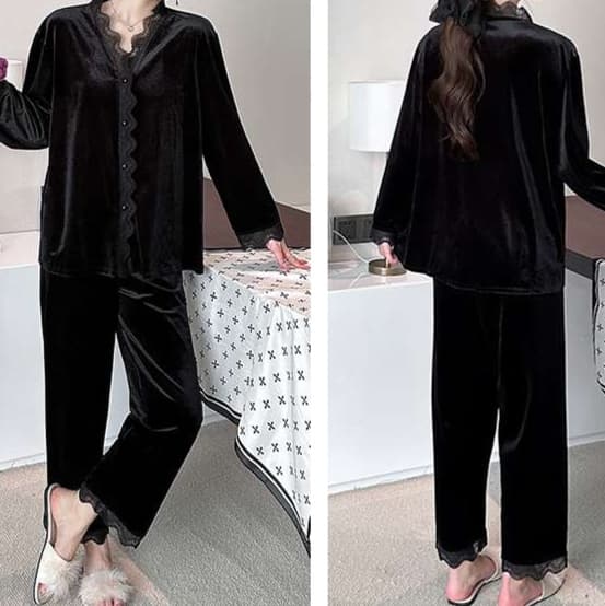 大人かわいい服 甘さ引き立つレース×ベルベット ルームセットアップ