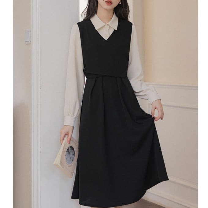大人かわいい服 襟付きブラウス重ね着風ベルト付きワンピース