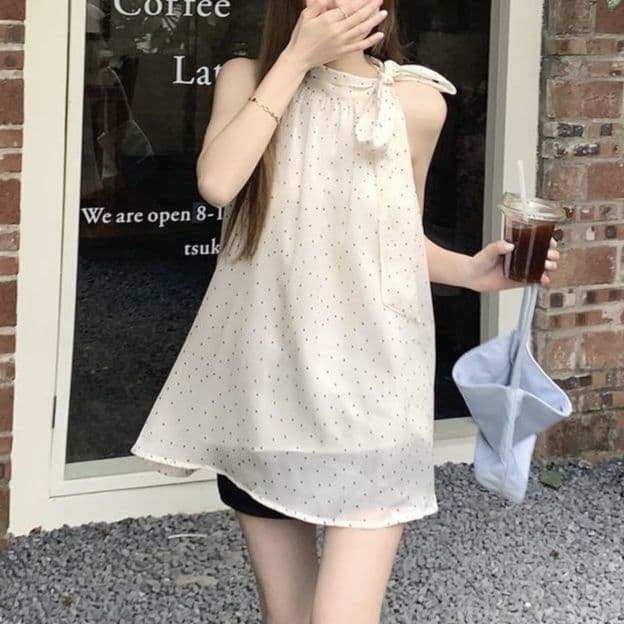 大人かわいい服 肩リボンドットノースリーブブラウス