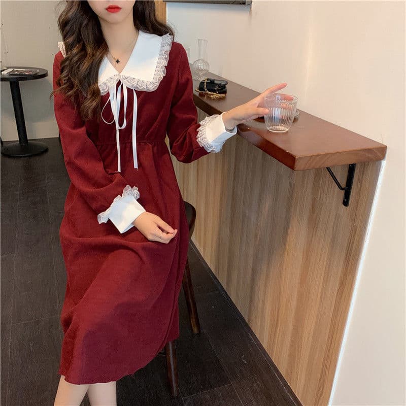 大人かわいい服 レース襟付きリボン結び長袖ワンピース