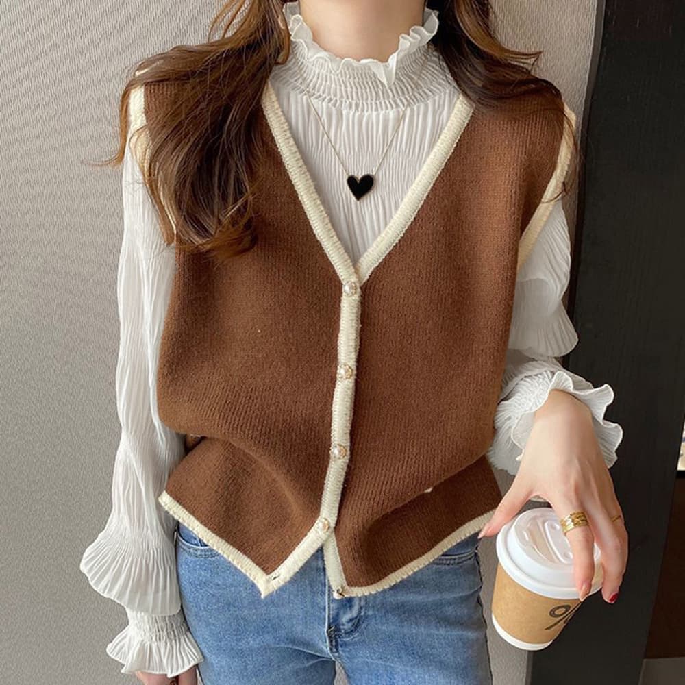 大人かわいい服 プリーツフリル ハイネックブラウス トップス