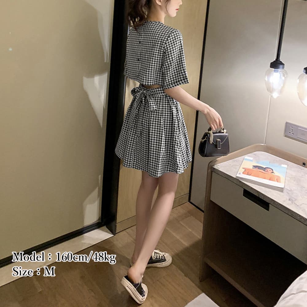 大人かわいい服 バックオープン ギンガムチェックワンピース
