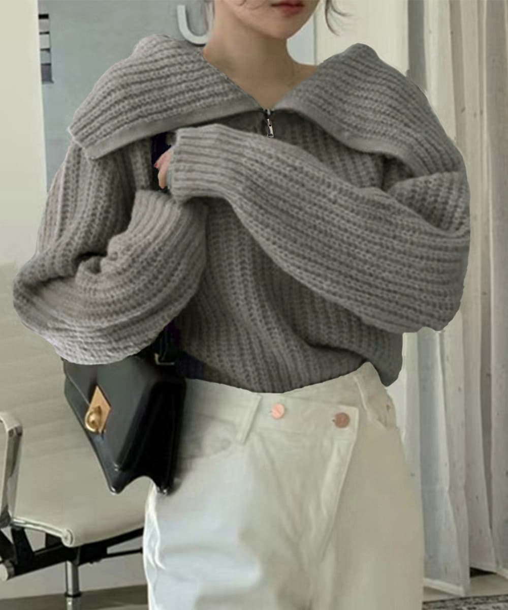 大人かわいい服 小顔見せビッグカラー ハーフジップニットトップス