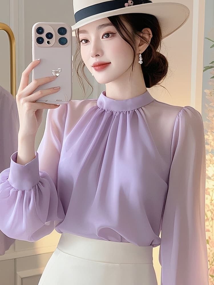 大人かわいい服 エレガントギャザーシフォンブラウス