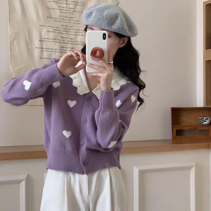 大人かわいい服 ハート柄襟付きニットカーディガン
