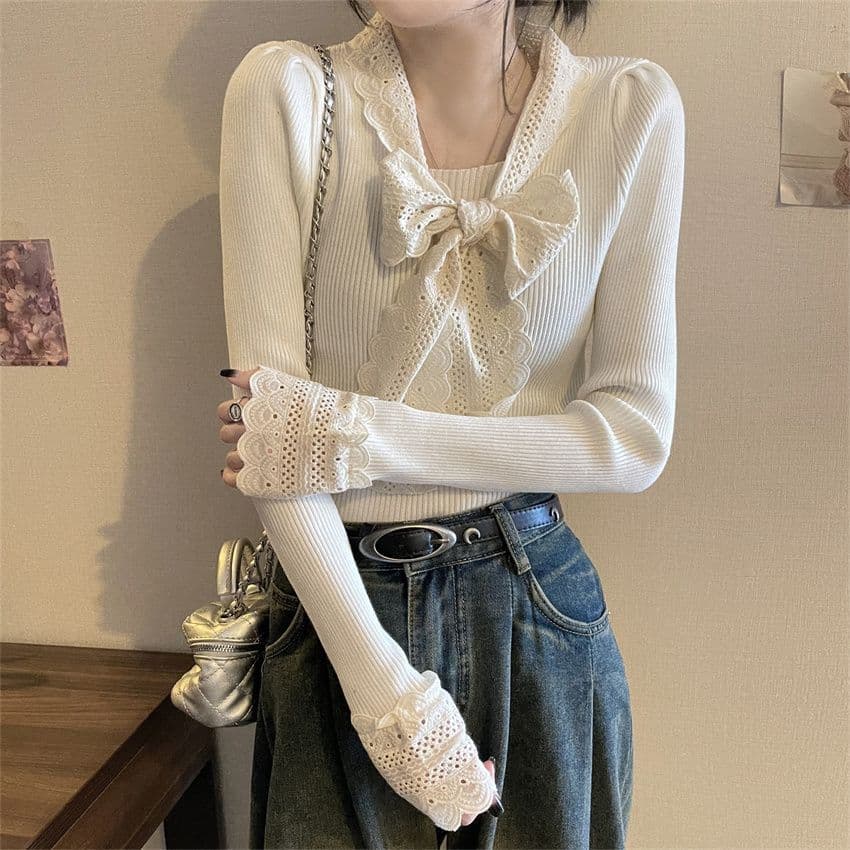 大人かわいい服 レース襟リボン付きリブニット長袖トップス