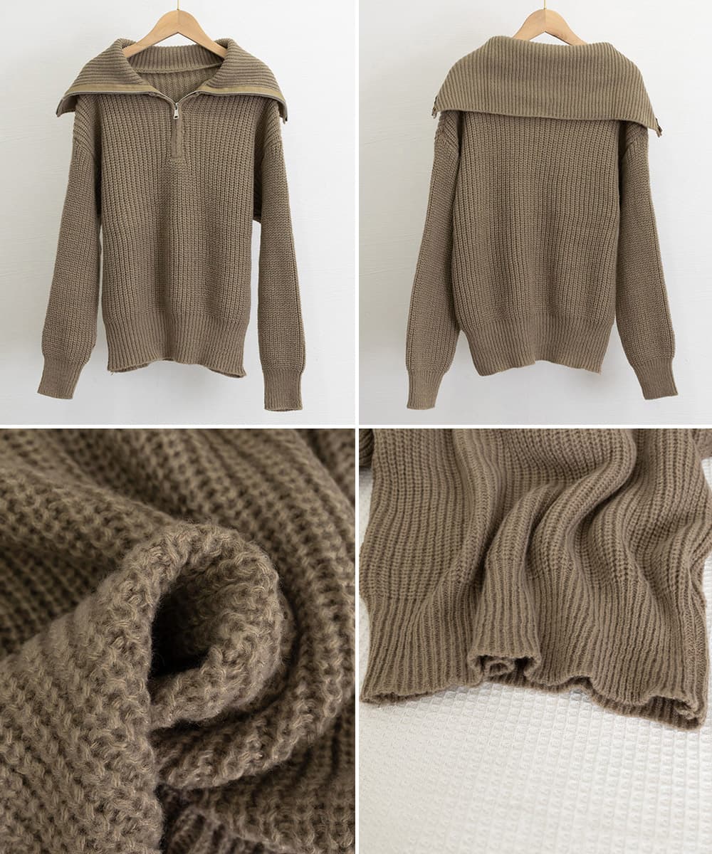 大人かわいい服 小顔見せビッグカラー ハーフジップニットトップス