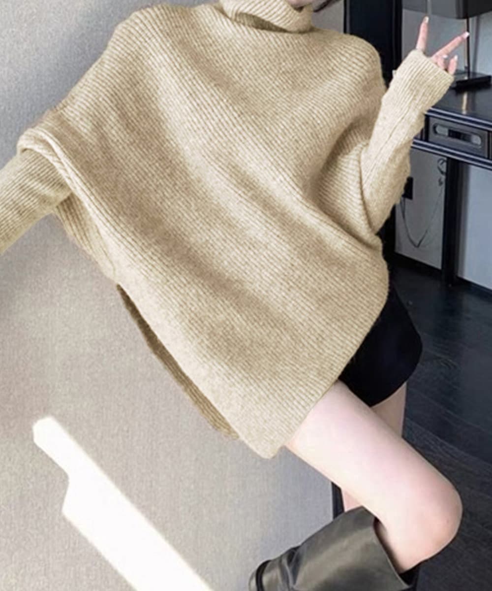 大人かわいい服 ハイネック不規則裾ニットセーター