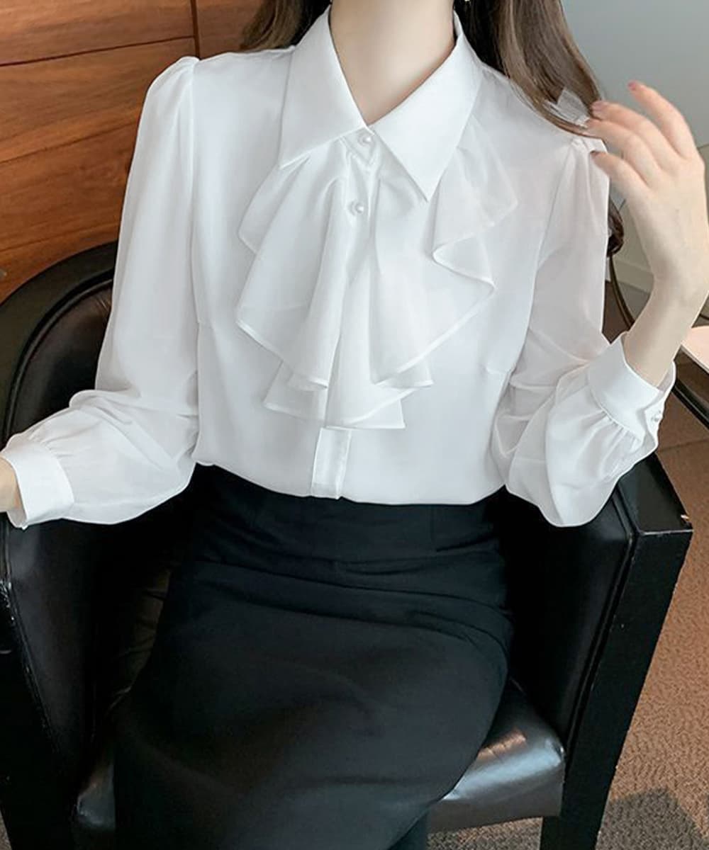 大人かわいい服 胸元フリル長袖シャツトップス上品ブラウス