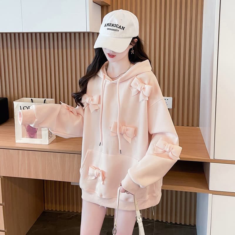 大人かわいい服 立体リボン付きゆったりパーカー