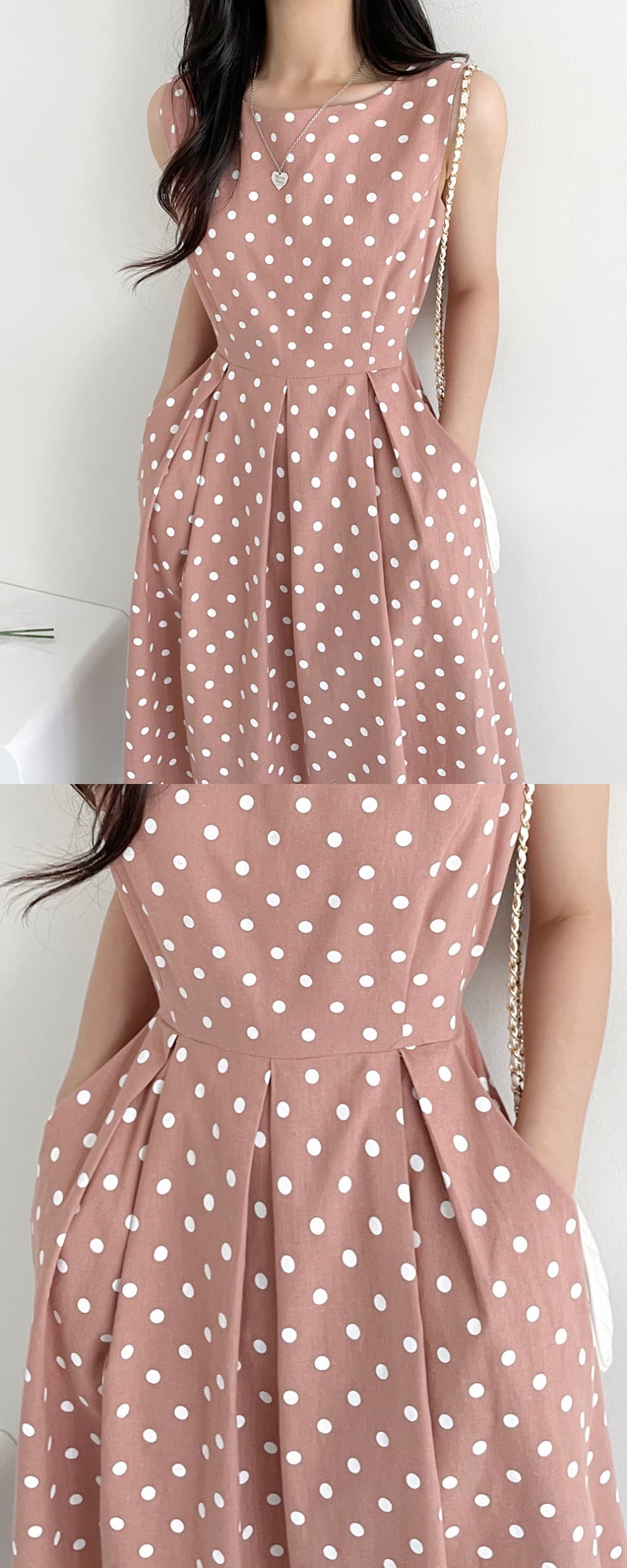 大人かわいい服 ドット柄ノースリーブフレアワンピース