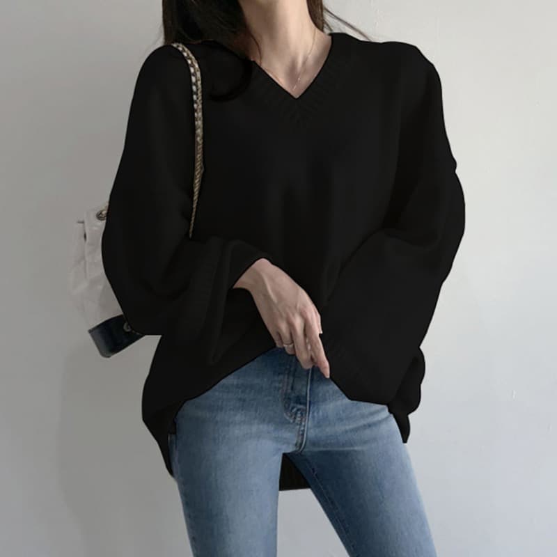 大人かわいい服 ゆったりブイネックニットプルオーバー