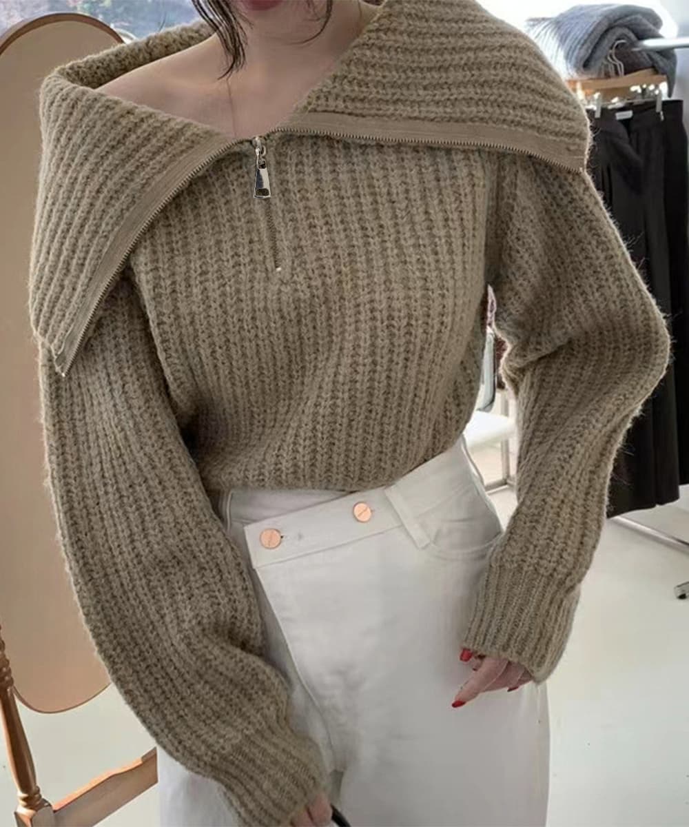 大人かわいい服 小顔見せビッグカラー ハーフジップニットトップス