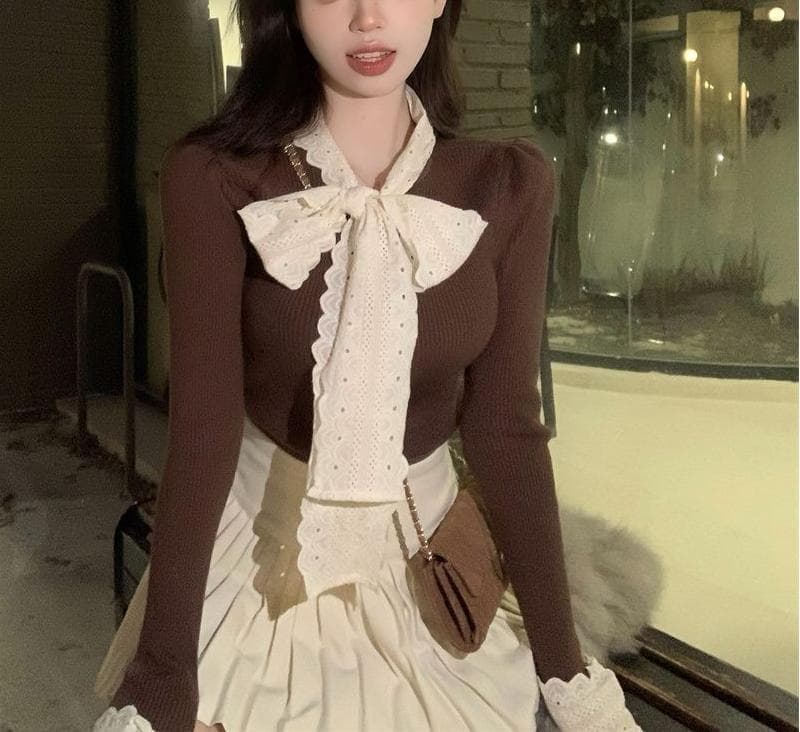 大人かわいい服 レース襟リボン付きリブニット長袖トップス