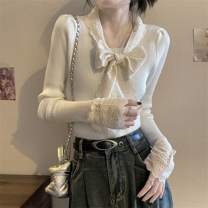 大人かわいい服 レース襟リボン付きリブニット長袖トップス