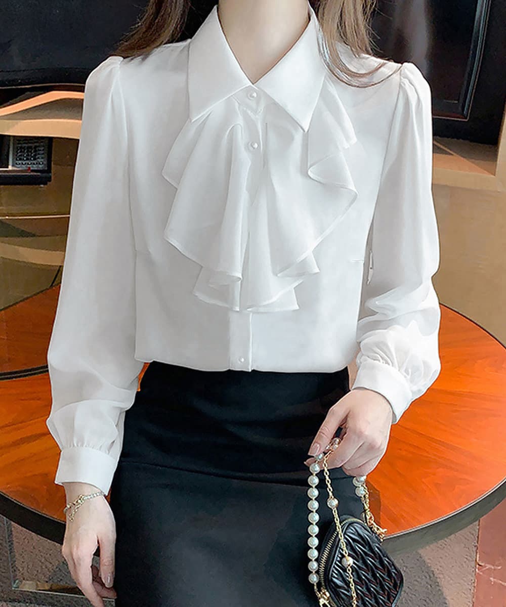 大人かわいい服 胸元フリル長袖シャツトップス上品ブラウス