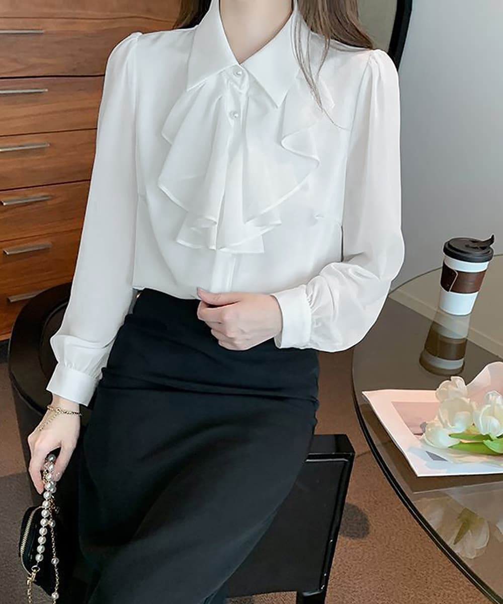 大人かわいい服 胸元フリル長袖シャツトップス上品ブラウス