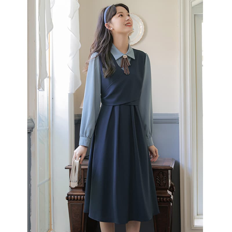 大人かわいい服 襟付きブラウス重ね着風ベルト付きワンピース