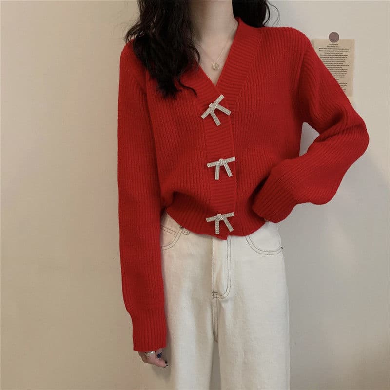 大人かわいい服 リボンモチーフ付きニットカーディガン