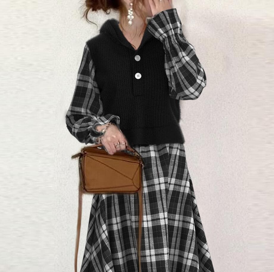 大人かわいい服 チェック柄切替ニットベスト重ね着風ワンピース