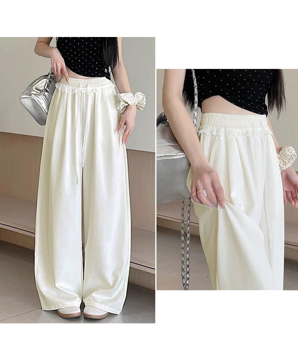 大人かわいい服 レース飾り 夏用ワイドパンツ 涼しげイージー