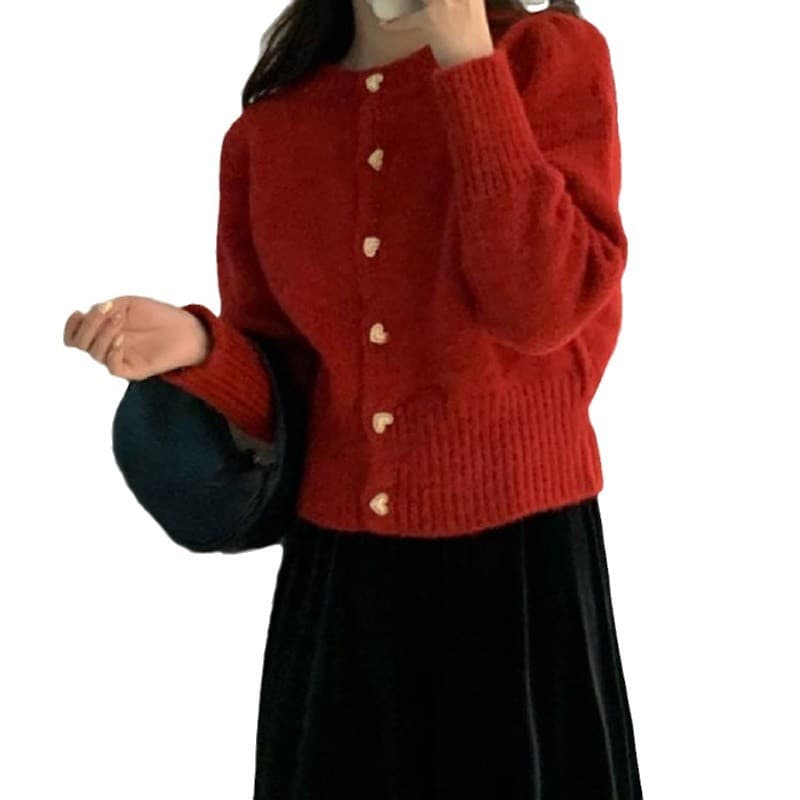 大人かわいい服 パフスリーブハートボタンカーディガン