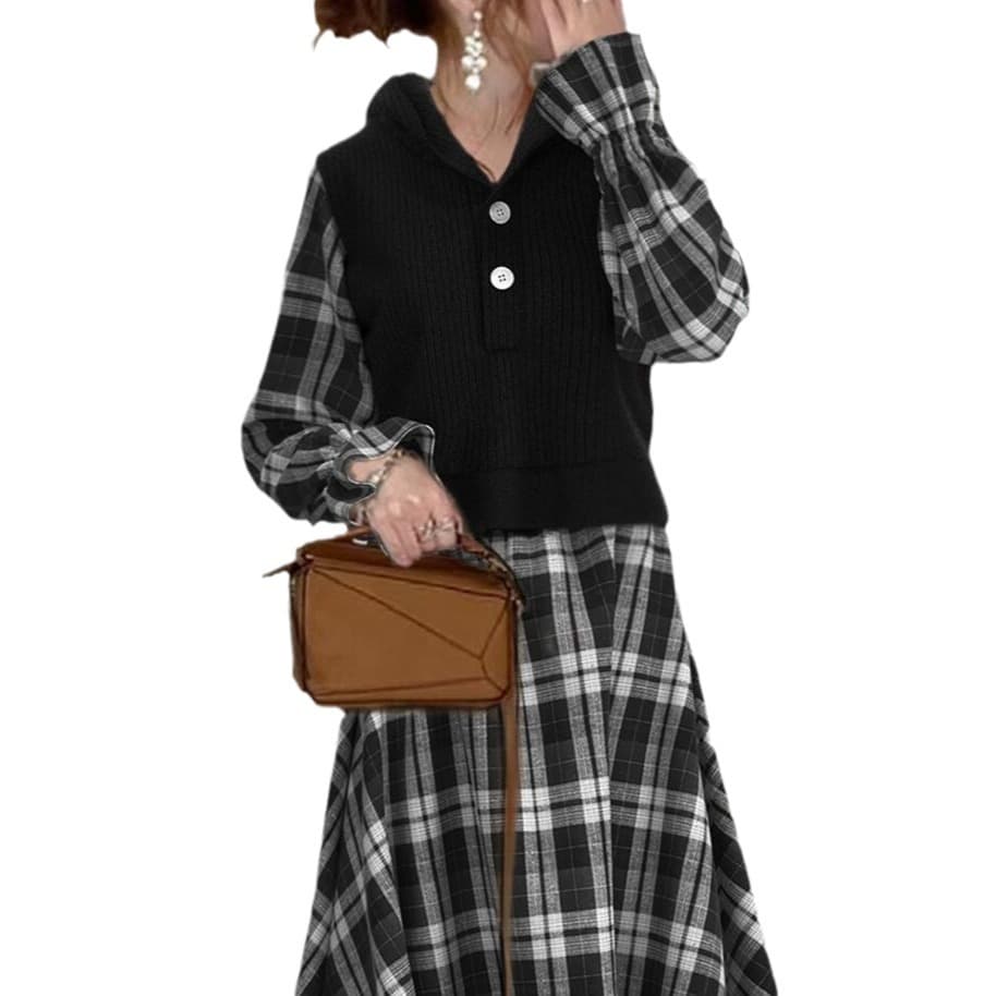 大人かわいい服 チェック柄切替ニットベスト重ね着風ワンピース