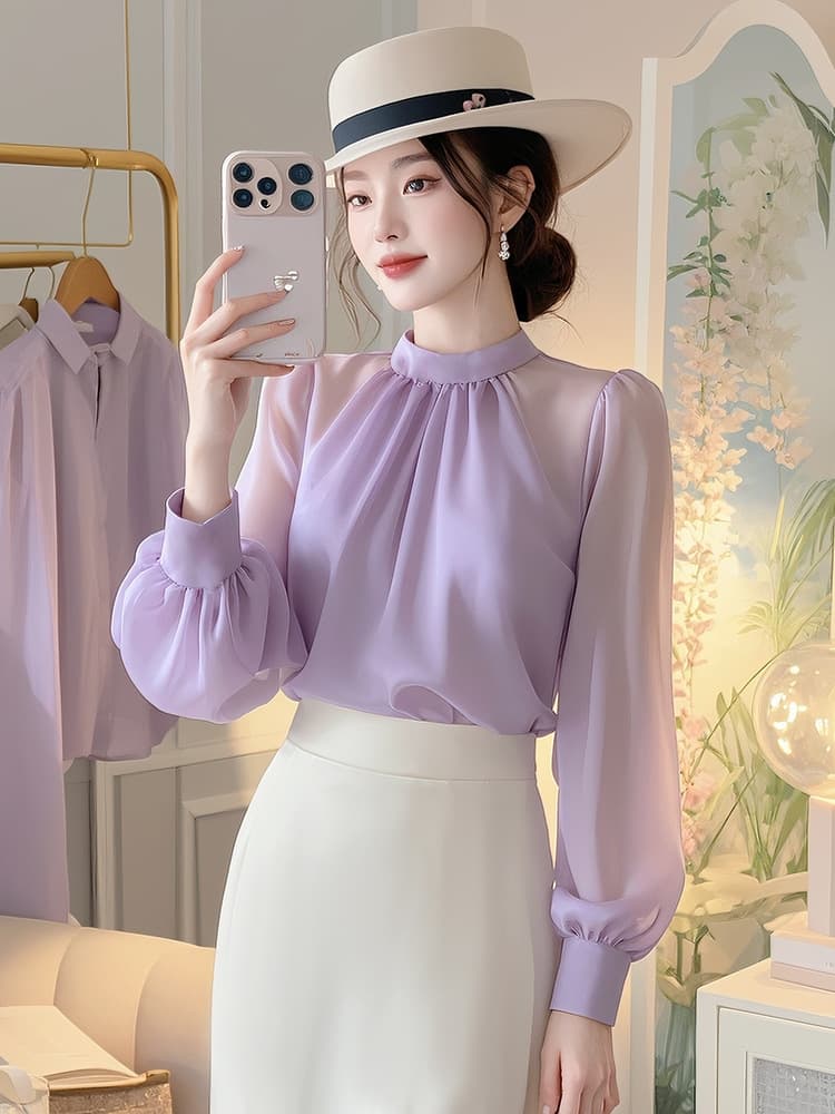大人かわいい服 エレガントギャザーシフォンブラウス