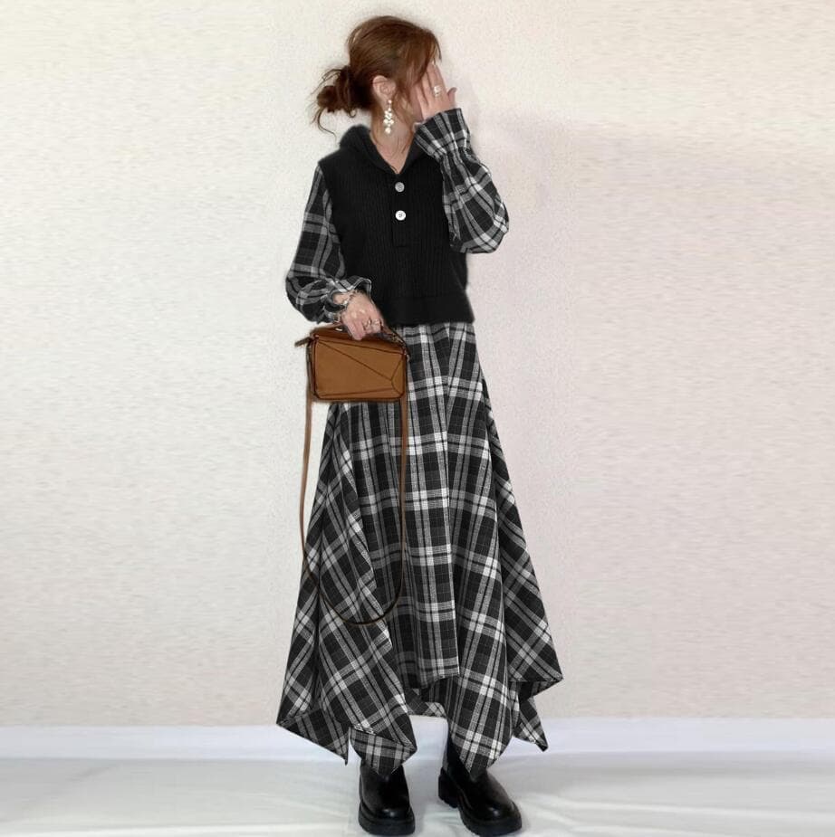 大人かわいい服 チェック柄切替ニットベスト重ね着風ワンピース