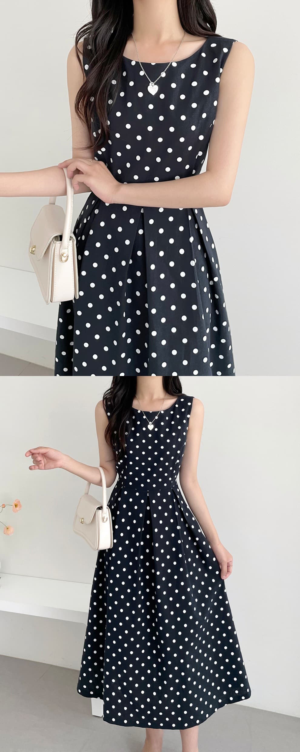 大人かわいい服 ドット柄ノースリーブフレアワンピース