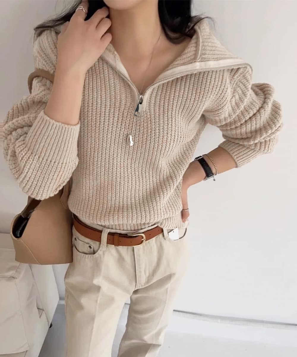 大人かわいい服 小顔見せビッグカラー ハーフジップニットトップス