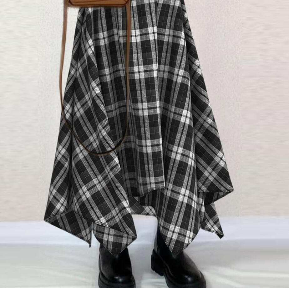 大人かわいい服 チェック柄切替ニットベスト重ね着風ワンピース