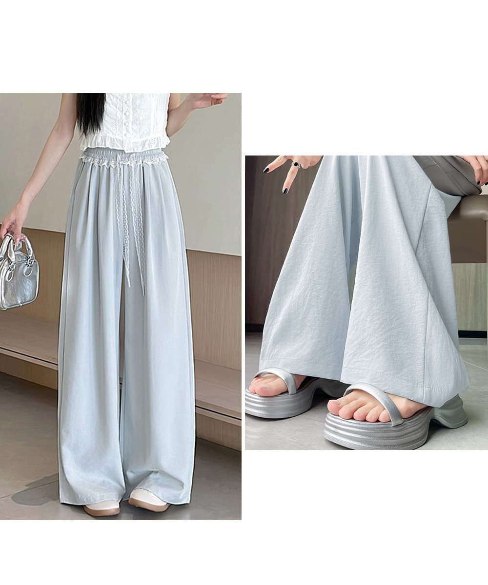 大人かわいい服 レース飾り 夏用ワイドパンツ 涼しげイージー