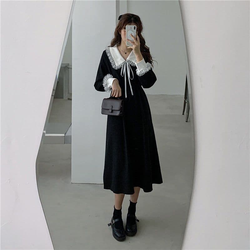 大人かわいい服 レース襟付きリボン結び長袖ワンピース