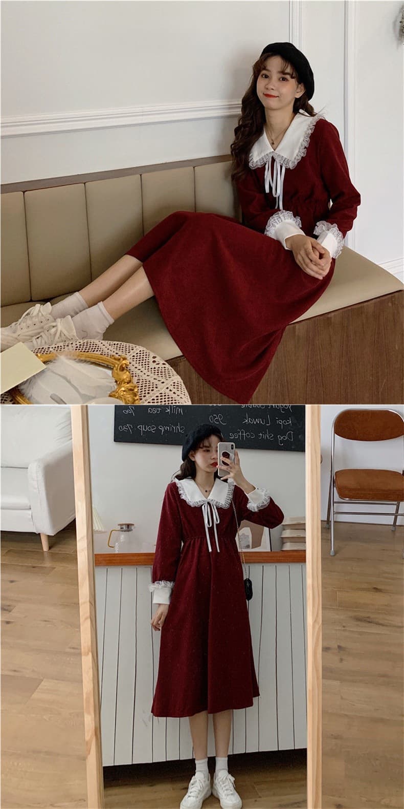 大人かわいい服 レース襟付きリボン結び長袖ワンピース