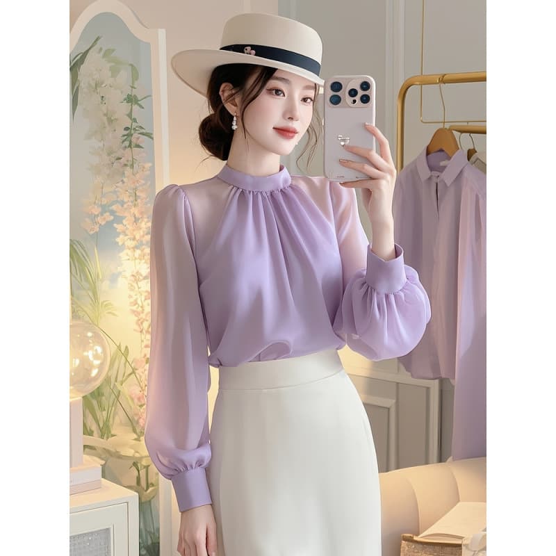 大人かわいい服 エレガントギャザーシフォンブラウス
