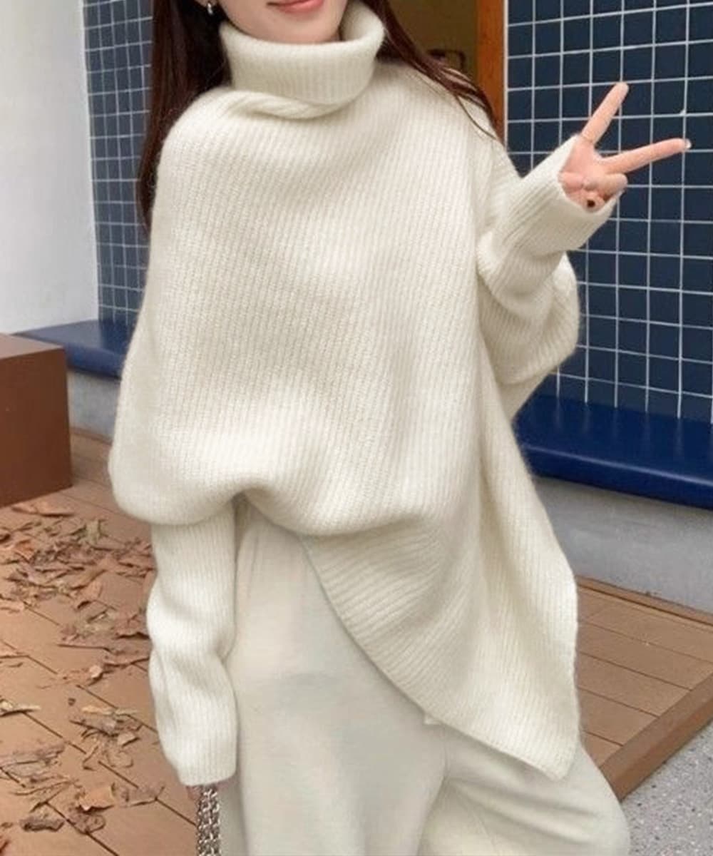 大人かわいい服 ハイネック不規則裾ニットセーター