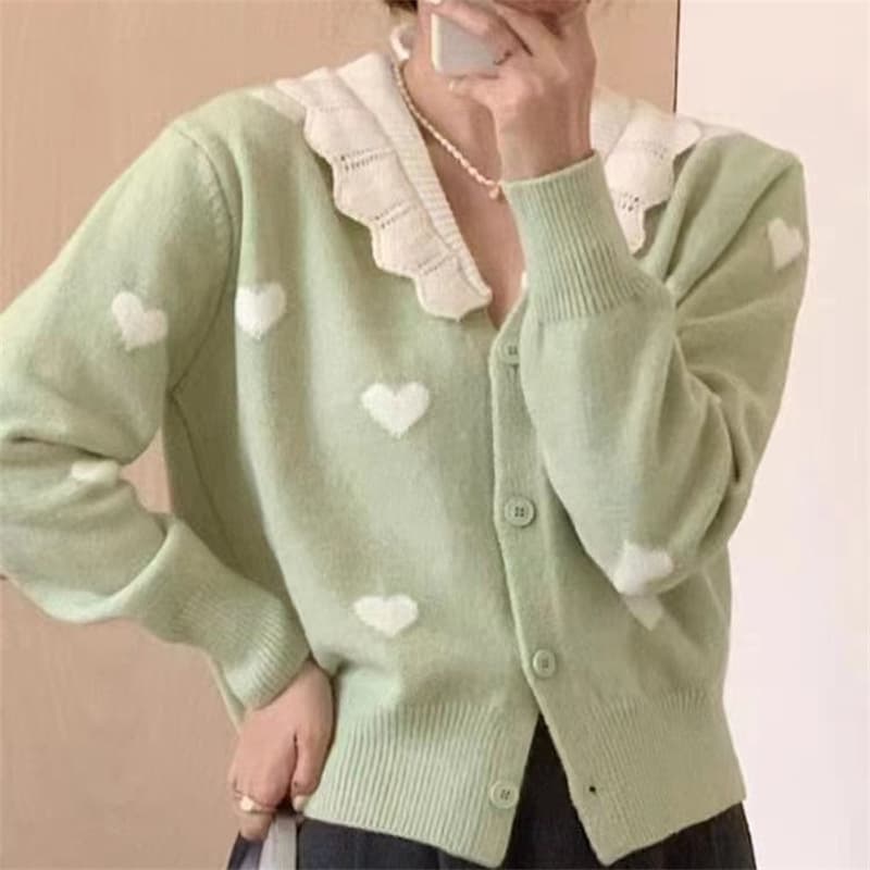 大人かわいい服 ハート柄襟付きニットカーディガン