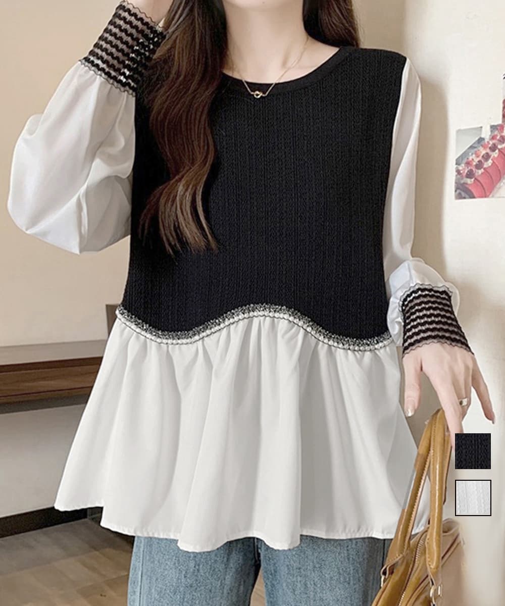 大人かわいい服 ニット切替え袖編み込みシャツブラウス長袖トップス