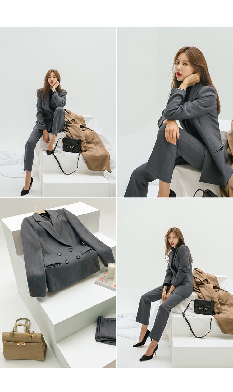 大人かわいい服 ダブルボタンテーラードジャケットパンツセットアップ